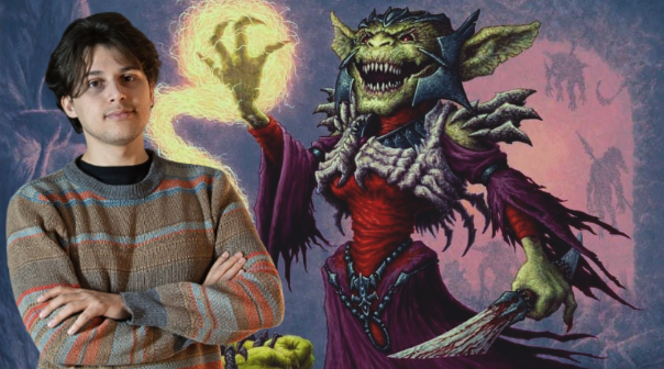 PieGonti depicted in front of Warren Soultrader card artwork from Magic: The Gathering